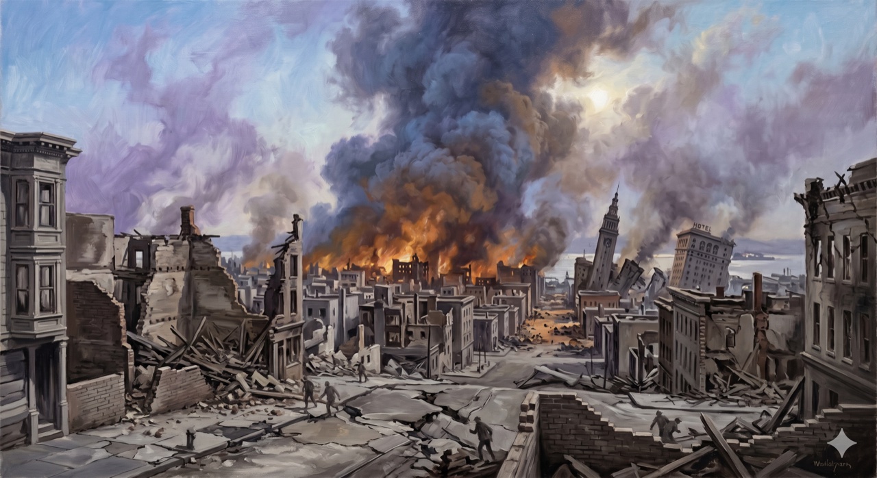 Oil painting of the 1906 San Francisco Earthquake - fires raging across the city
