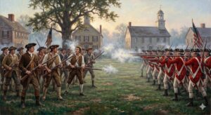 Oil painting: The Battles of Lexington and Concord, April 19, 1775 - minutemen facing British forces on Lexington Green