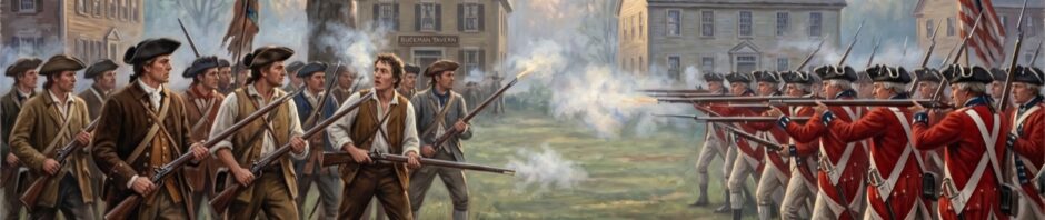 Oil painting: The Battles of Lexington and Concord, April 19, 1775 - minutemen facing British forces on Lexington Green